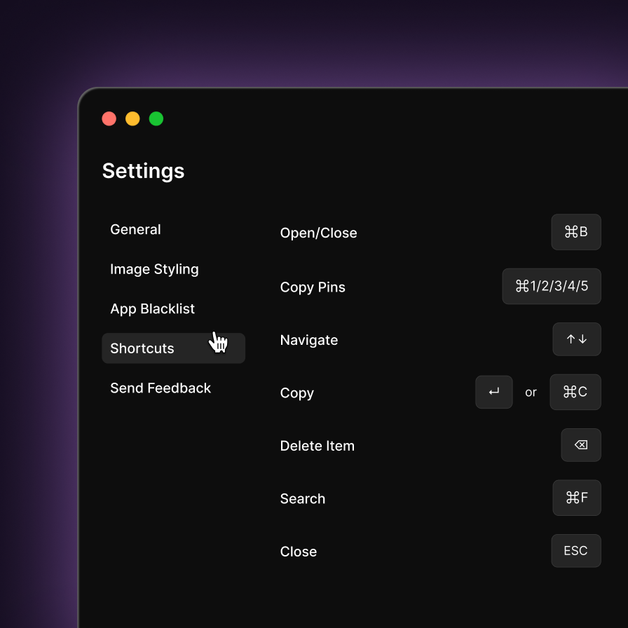 Clipbear keyboard shortcuts